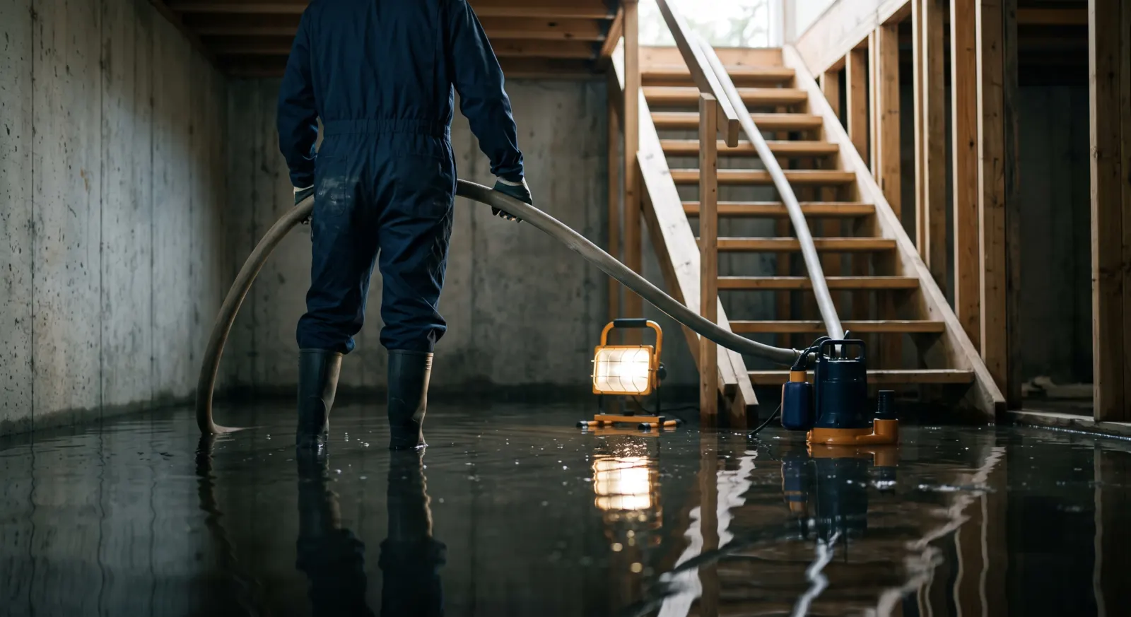 Technician in waders guiding a discharge hose in a flooded basement while a submersible pump runs