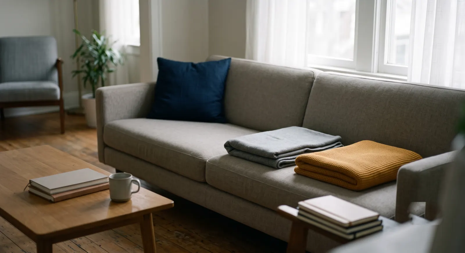 A calm, tidy living room in soft morning light with folded blankets on a neutral sofa