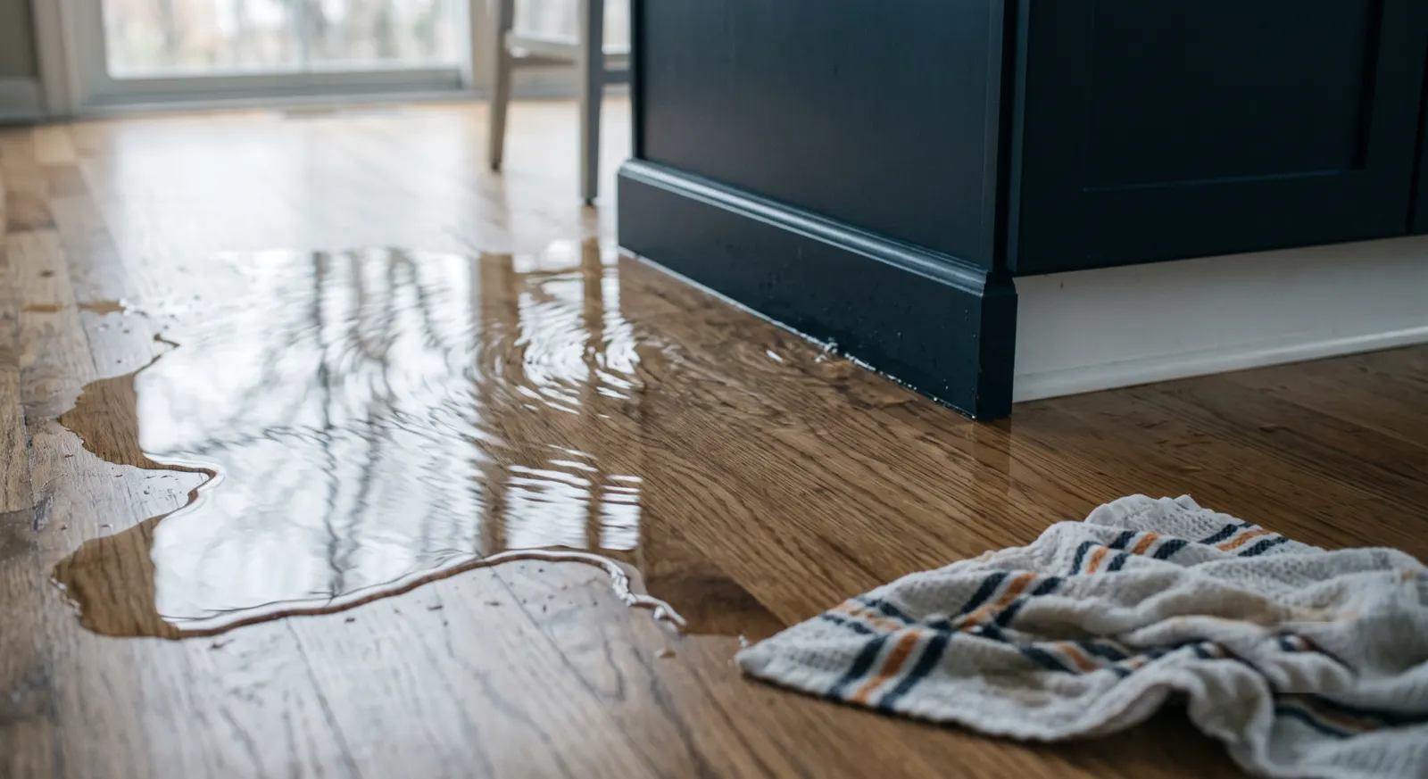 Water pooling across a hardwood kitchen floor at the base of an island, a towel dropped at the edge