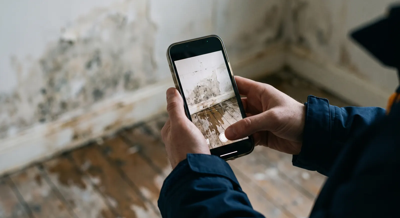 Hands photographing a water-stained wall with a smartphone to document an insurance claim