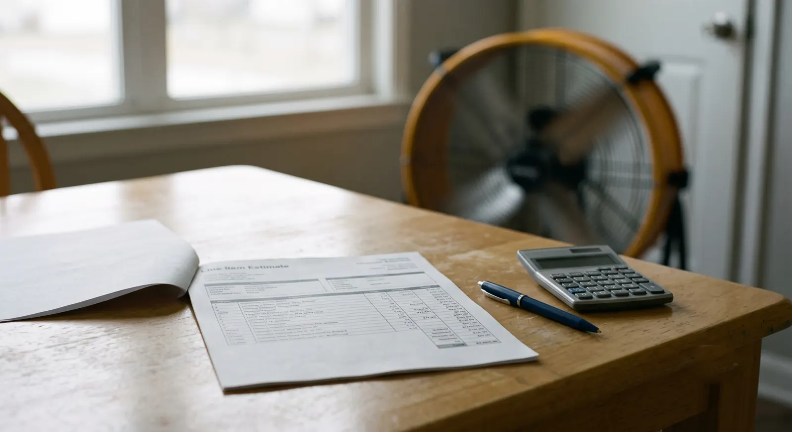 Printed line-item restoration estimate with pen and calculator on a kitchen table, air mover blurred in the background