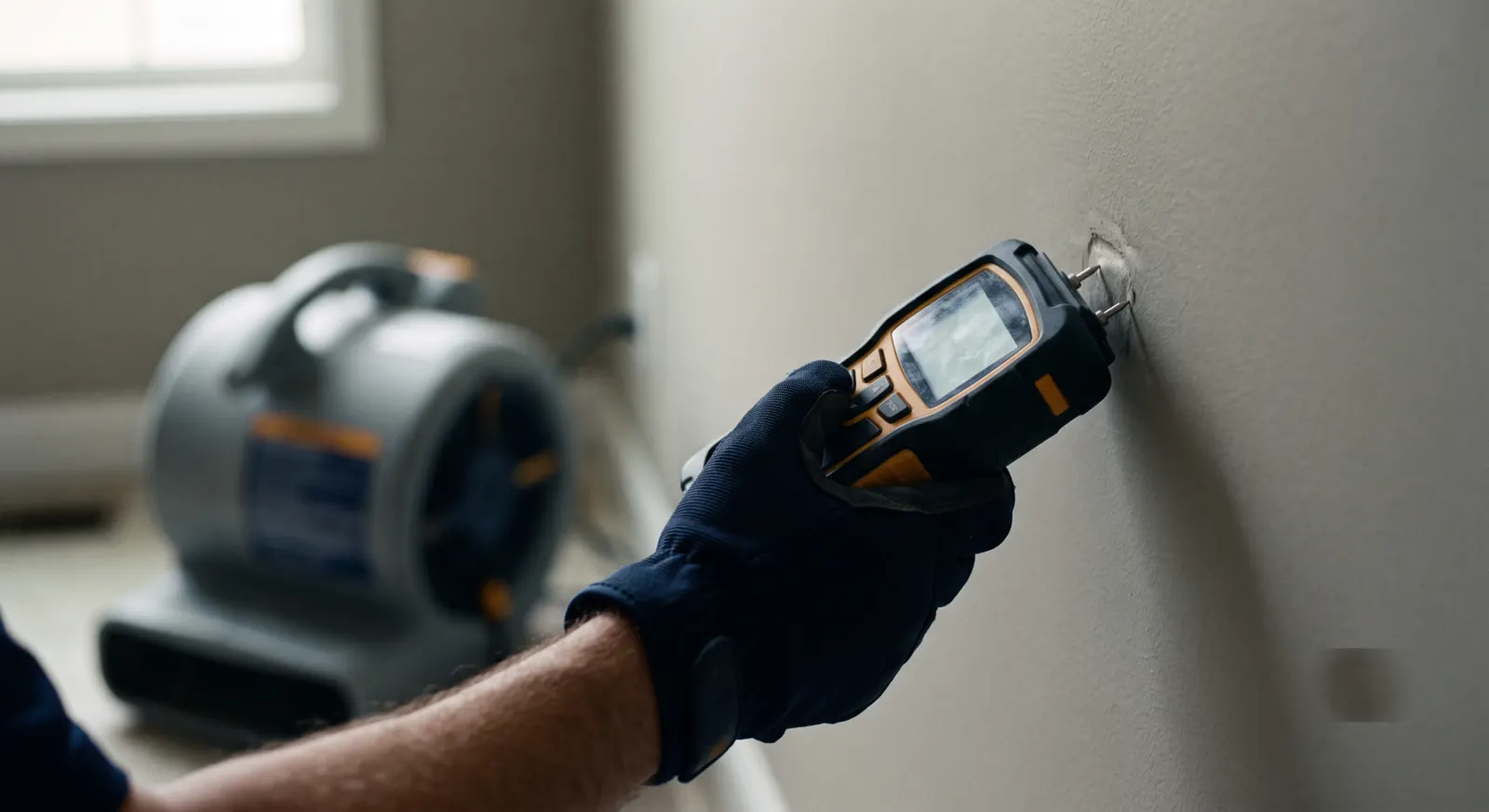 Gloved hand holding a moisture meter against a painted wall, air mover in the background