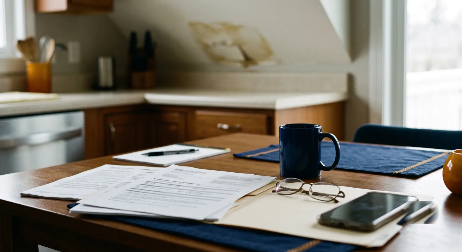 Homeowner's insurance paperwork, reading glasses, and coffee on a kitchen table, a water-stained ceiling in the background