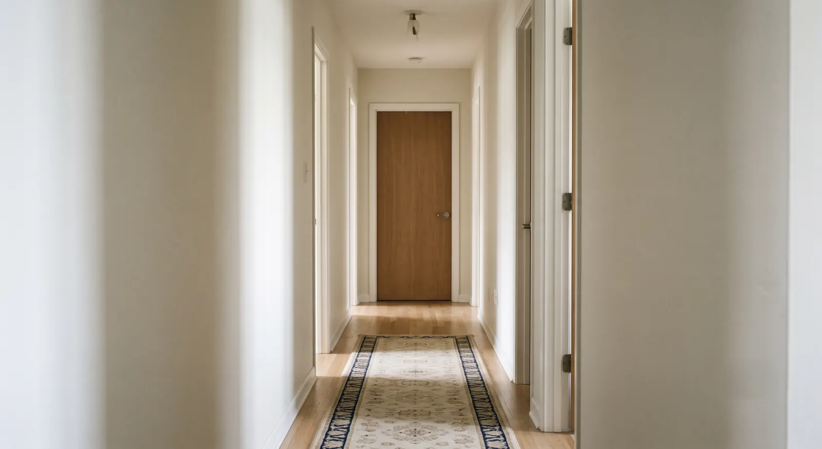 A calm, ordinary residential hallway in soft morning light