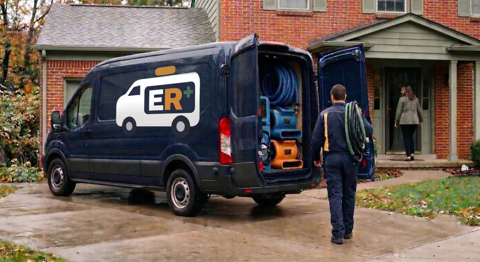 Restoration technician unloading extraction gear from a navy EmergencyRestore van in a homeowner's driveway