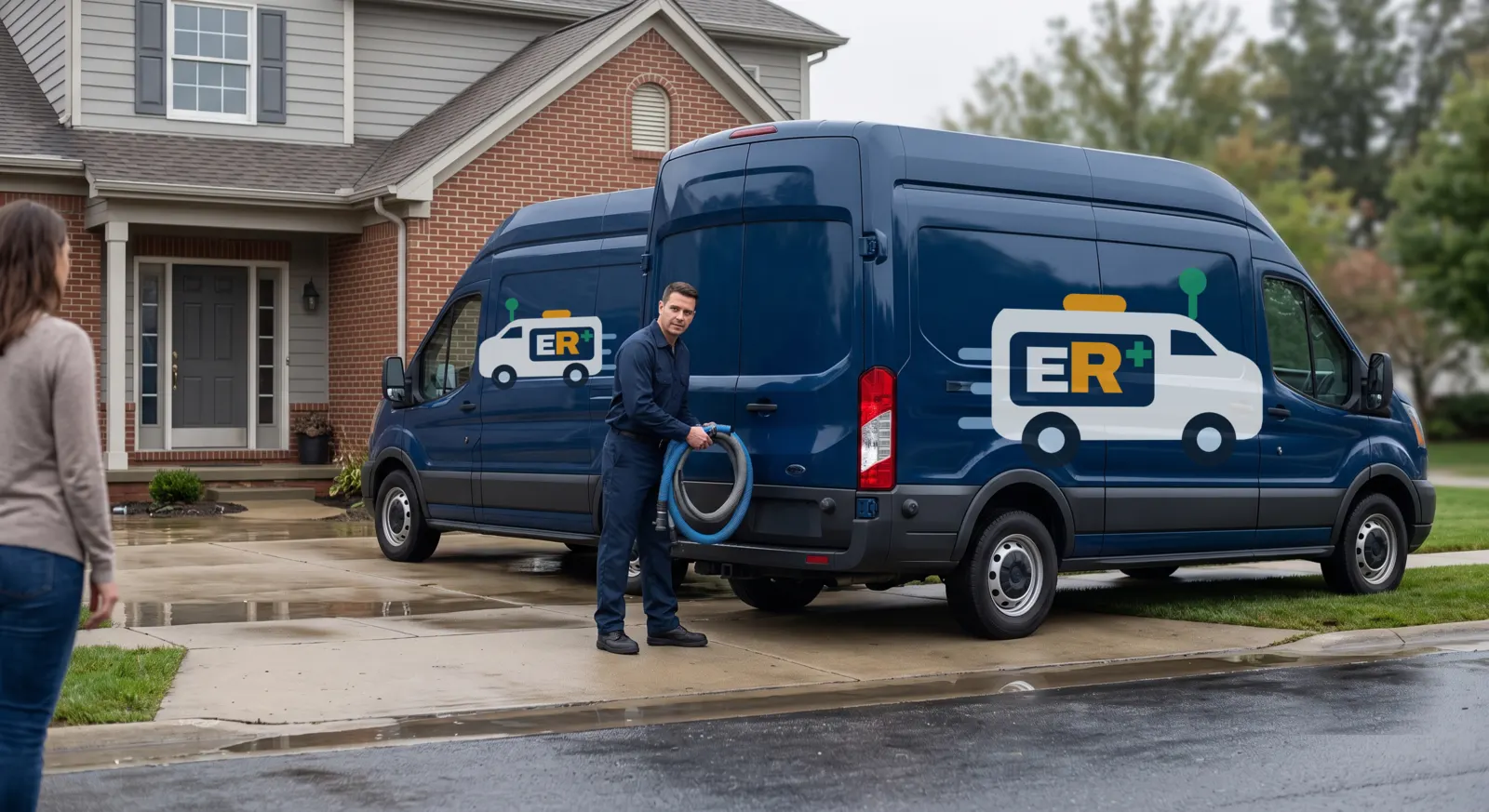 Two EmergencyRestore vans in a residential driveway with a technician unloading an extraction hose
