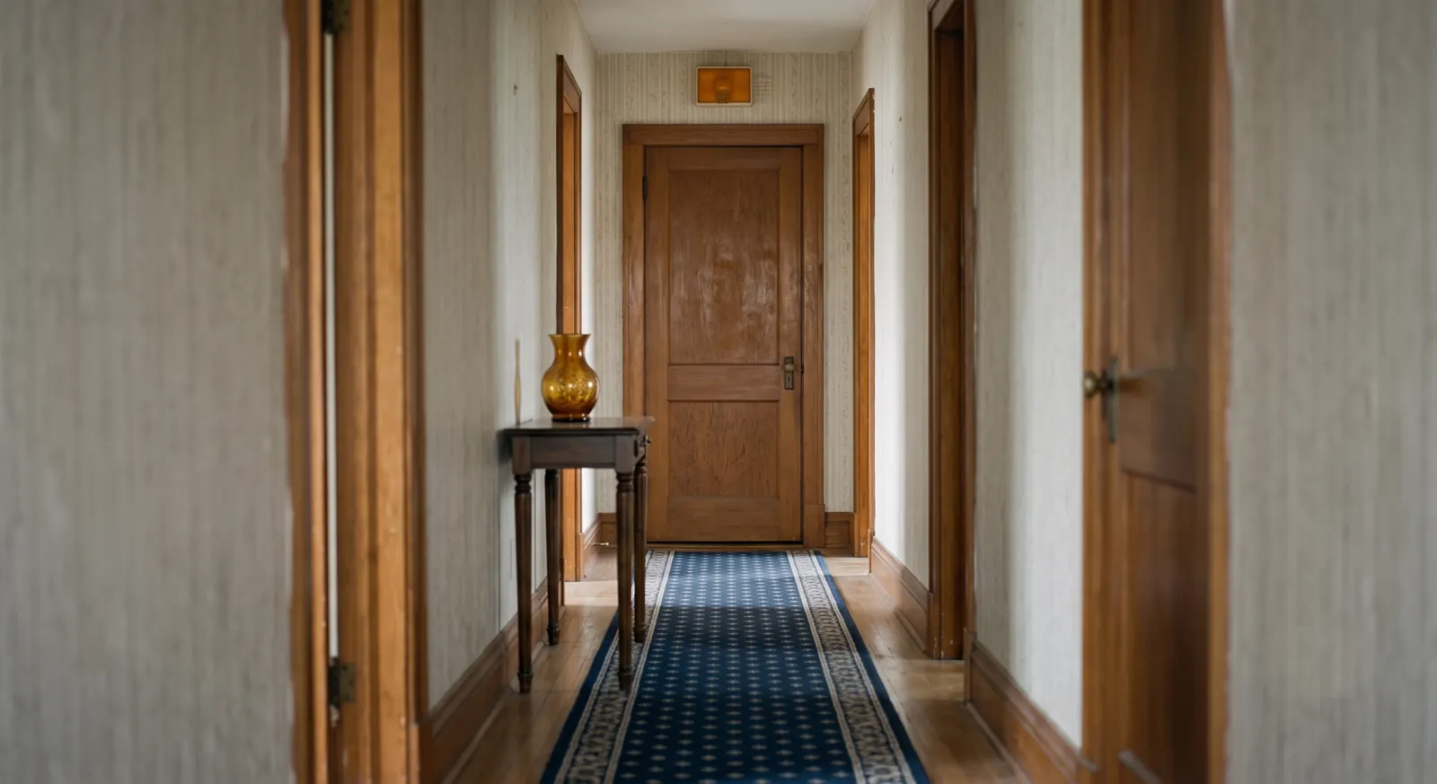 A quiet residential hallway with a wooden door and runner rug in soft light