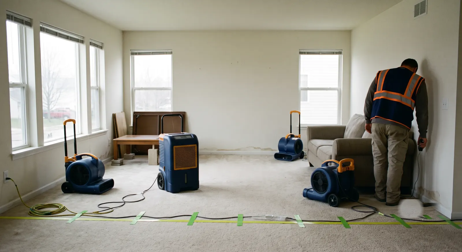 Living room mid-drying: air movers and a dehumidifier arranged around the room while a technician checks a wall with a moisture meter