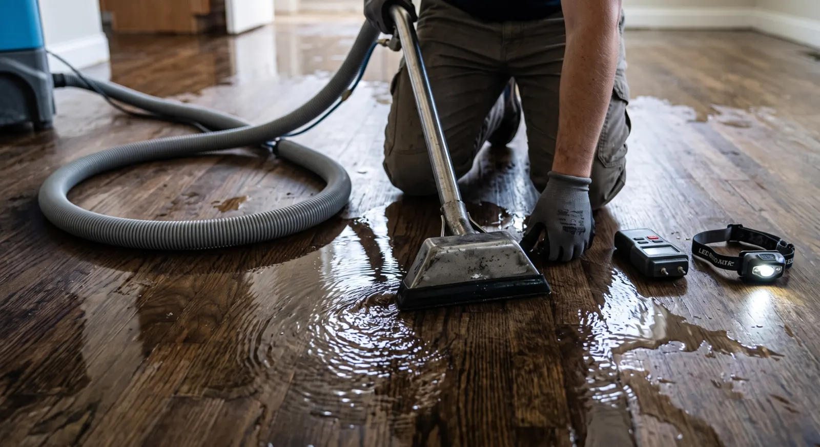 Technician extracting standing water from a hardwood floor with a weighted extraction wand