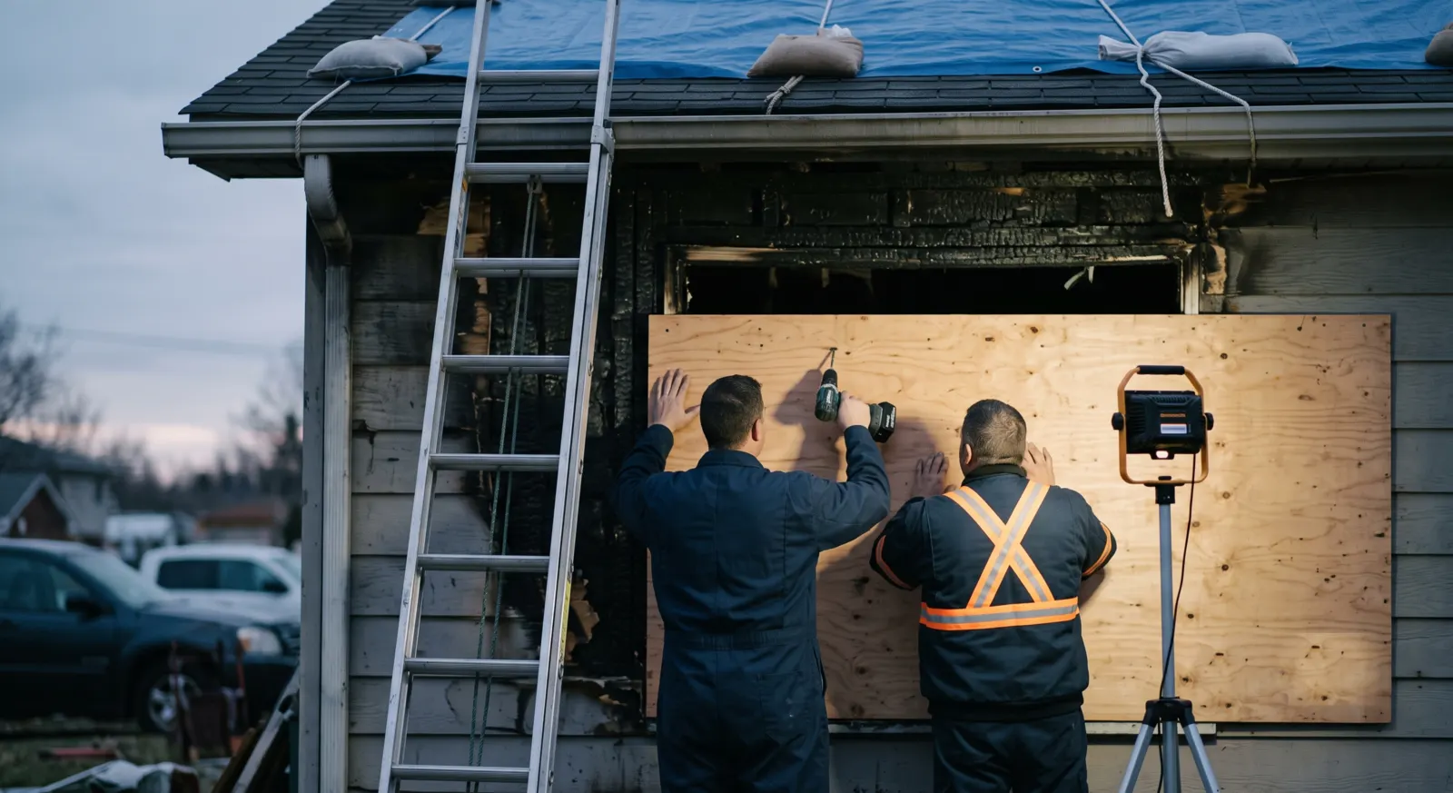 Two technicians boarding up a fire-damaged window opening at dusk, with a tarped roof section above