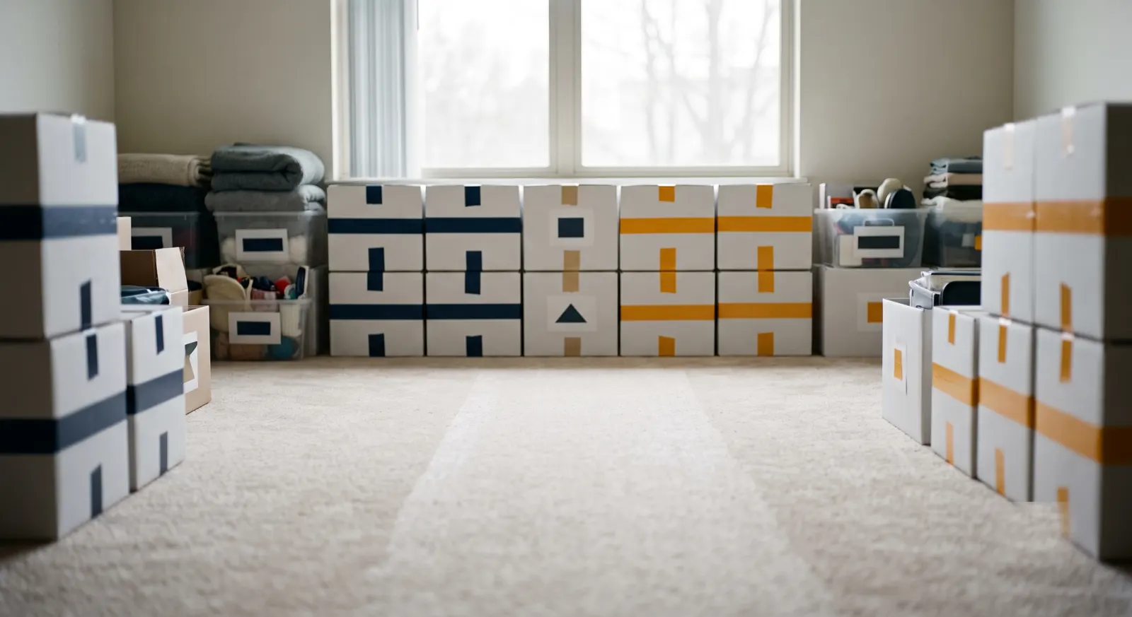 Living room mid-organization with labeled boxes stacked in rows and a cleared pathway on the carpet