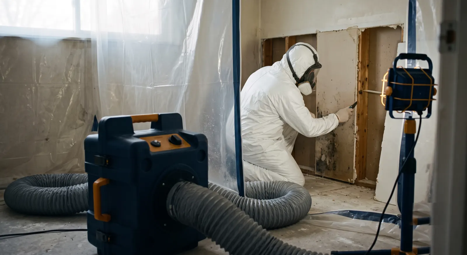 Technician in protective coverall and respirator removing mold-affected drywall inside a poly containment