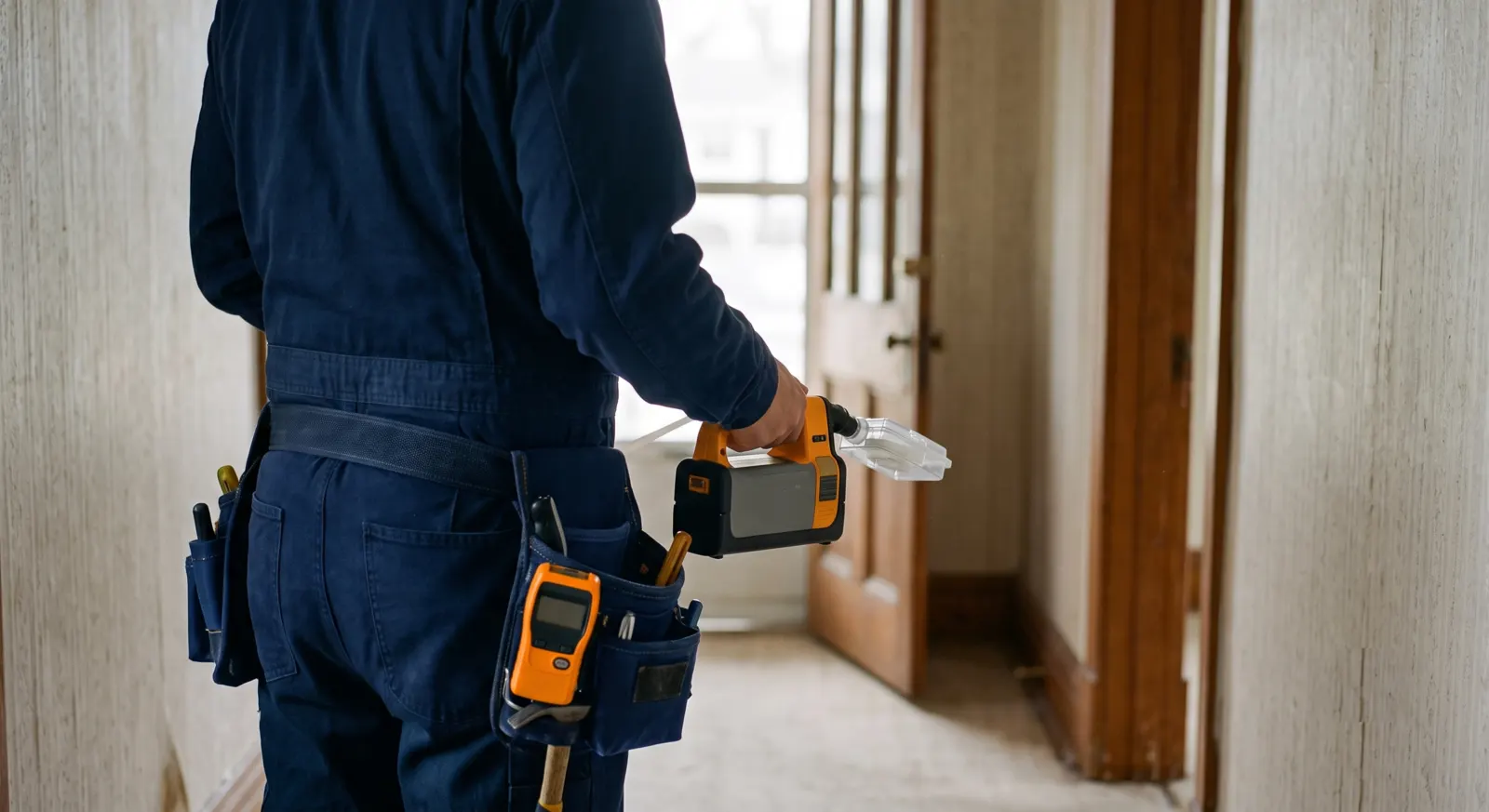 Technician carrying an air sampling pump and moisture tools down a residential hallway