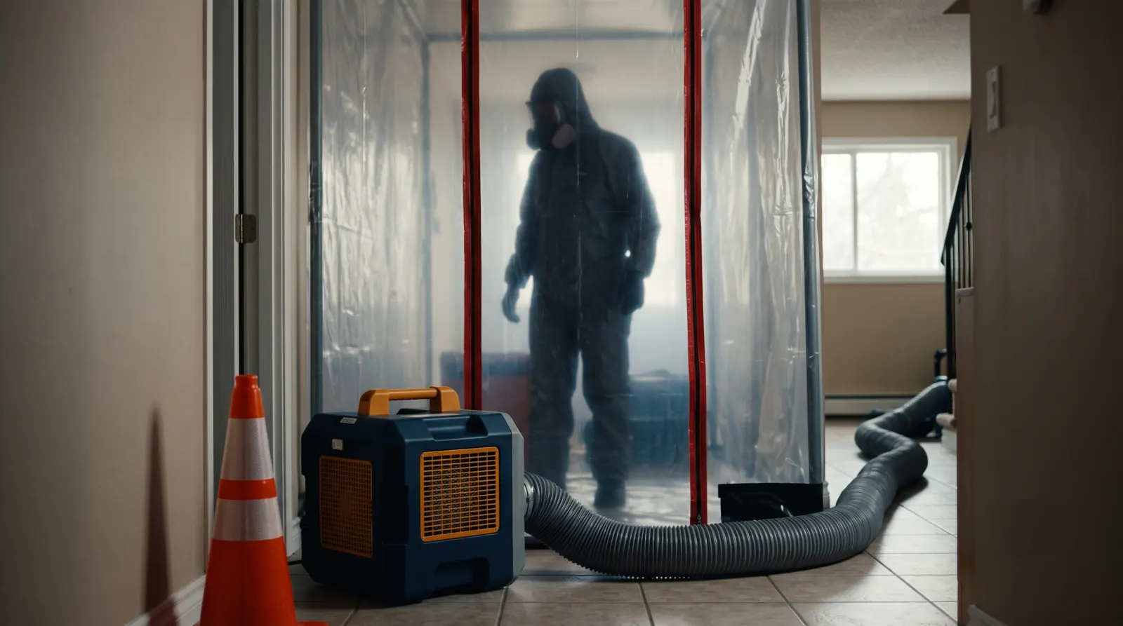 Hallway sealed with poly sheeting and a negative air machine during sewage cleanup, technician in protective gear inside the containment