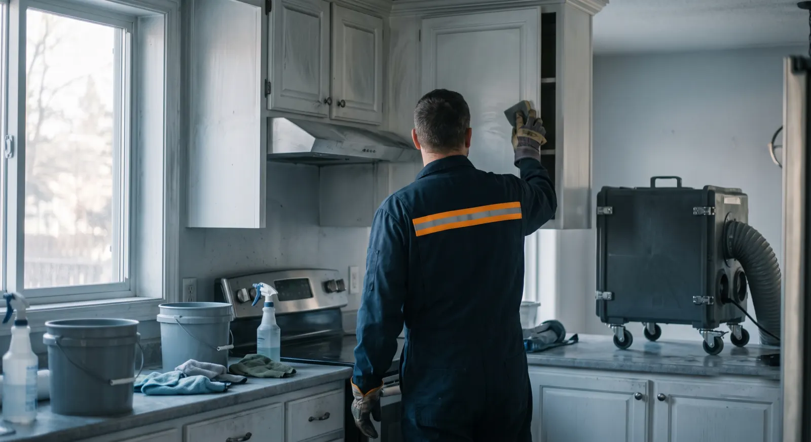 Technician wiping soot from kitchen cabinets with a dry sponge while an air scrubber runs