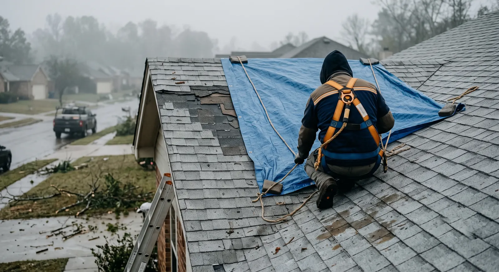 Harnessed technician securing a tarp over missing shingles on a storm-damaged roof